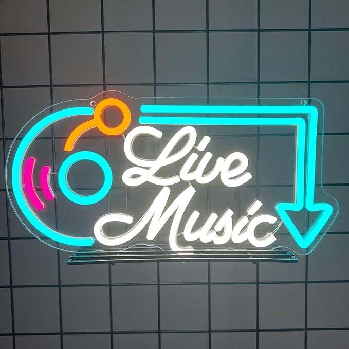Live Music Neon Sign, Music LED Neon Lights for Wall Decor, Dimmable Live Neon Light Sign, Neon Live Sign Light up Sign for Bar Studio Bedroom Party Present Club Handcrafted Nightclub Parties