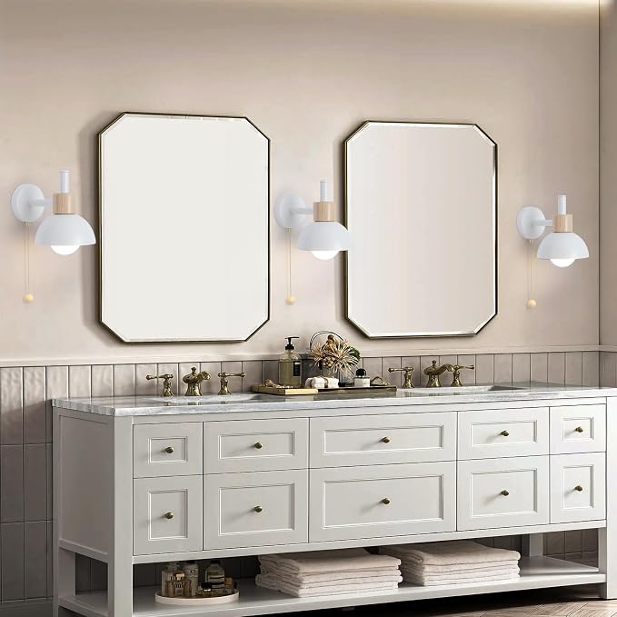 1-Light Nordic Bathroom Wall Sconce with Pull Chain Switch, Modern Vanity Wall Lamp, Bedside Wall Lights for Mirror Kitchen Living Room Hallway Cabinet Porch(White)