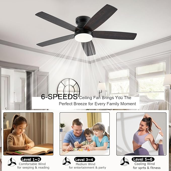 Ceiling Fans with Lights, 48Inch Low Profile Ceiling Fan with Light and Remote/App Control, Flush Mount, Reversible, 3CCT, Dimmable, Noiseless, Indoor/Outdoor Patios (Brown)