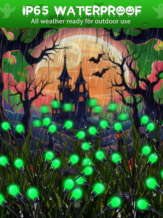 Halloween Decorations Outdoor Solar Firefly Lights 6 Pack 48 LED Green | 2 Lighting Modes, Memory Function and Auto On/Off, Sway with Wind, Waterproof Halloween Decor for Outside Horror Party Garden