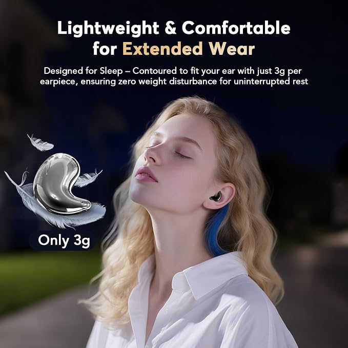 Invisible Sleep Earbuds for Side Sleepers, 3g Zero Pressure Flat Bluetooth Sleeping Headphones, Tiny Hidden Earphones, No Indicator Lights, White Noise Earbuds for All Night Sleep