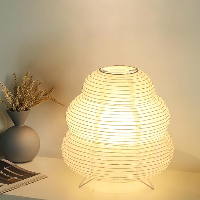 Paper Lantern Lamp, Japanese Paper Table Lamp with 3 Color, Cute Wabi-Sabi Rice Paper Lamp for Desk Bedroom Bedside(Bulb Included)
