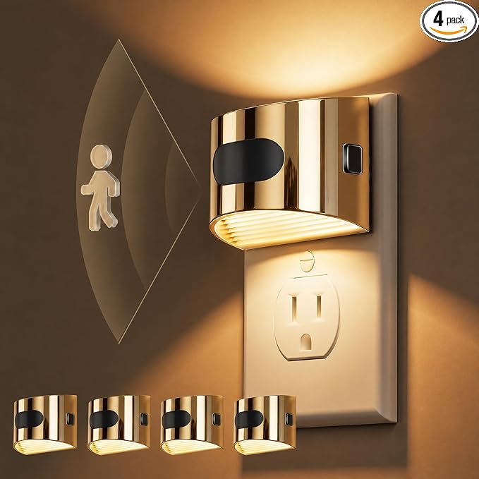 L LOHAS LED Motion Sensor Night Light, Night Lights Plug into Wall, 4 Pack | Nightlight with Dusk to Dawn & Motion Detection Sensor, 30-100Lm Adjustable Brightness, 3000K Warm White, Gold Housing