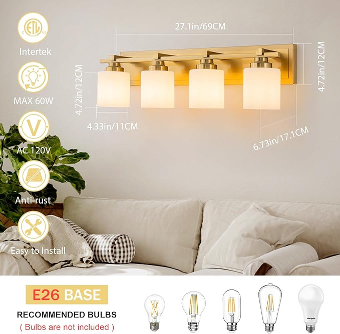 Modern Bathroom Light Fixtures Over Mirror, Vanity Lights for Bathroom Wall Sconces with Milky White Glass Shades, E26 Socket (Bulbs Not Included), 4 Light, Brass