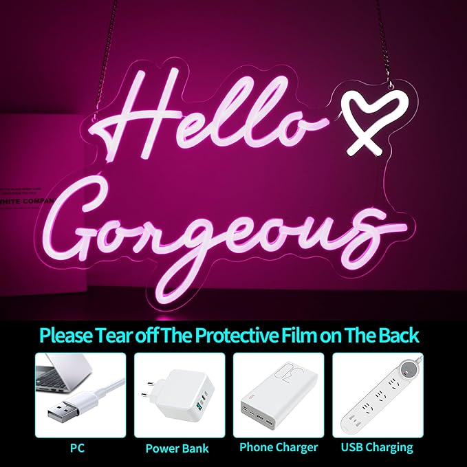 Hello Gorgeous Neon Sign, HSJNJKFU Neon Signs for Wall Decor Beer Bar Led Light Signs for Man Cave Decor Pink Led Neon for Room Birthday Party USB Powered