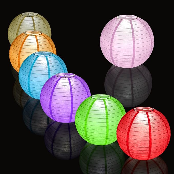 12pcs Pink Paper Lanterns with 12pcs White LED Lights, 6" 8" 10" 12" Round Hanging Chinese/Japanese Ball Lantern for Valentine's Day Easter Wedding