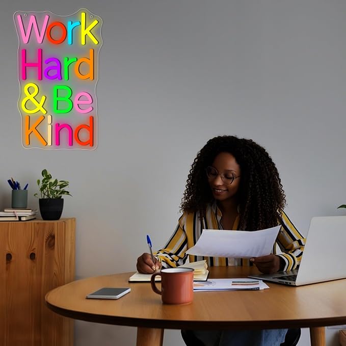 Work Hard Be Kind Neon Sign for Wall Decor | Dimmable kind inspirational neon light, home office bedroom decor, birthday gift for teens adults, size 15.1*9.4 in