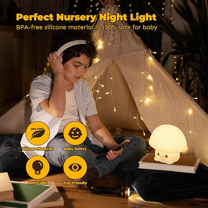LED Squishy Animal Night Light - 2 Level Dimmable Nursery Lamp, Rechargeable Touch Lamp, Cute Dorm Decor, Small Boys Girls Gift (Cartoon Mushroom)