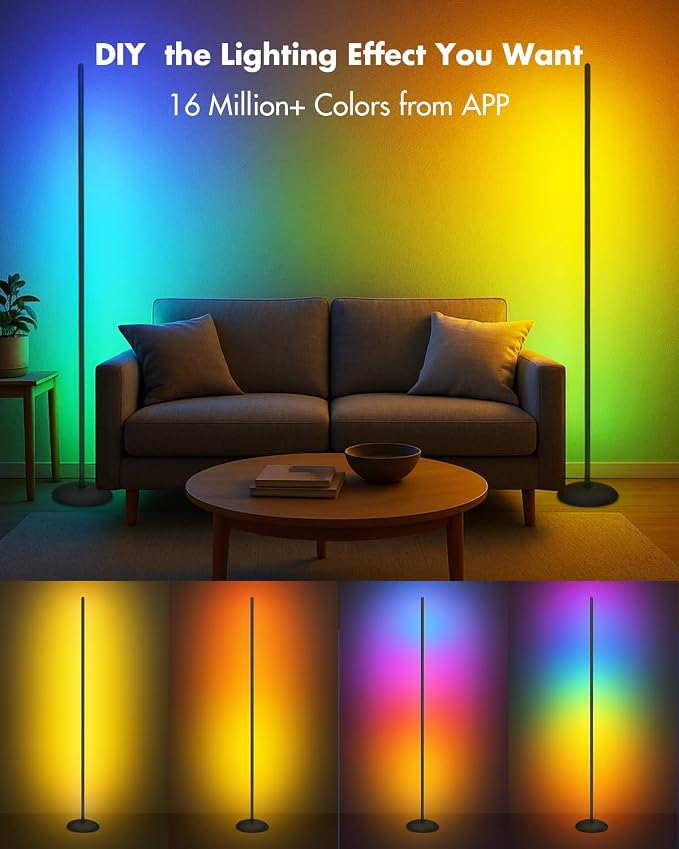 LED Corner Floor Lamp, Smart RGB Corner Lamps for Living Room | APP & Remote Control, Dimmable 16 Million Color Changing & 213 Scenes, Music Sync, Standing LED Lights for Bedroom - Black