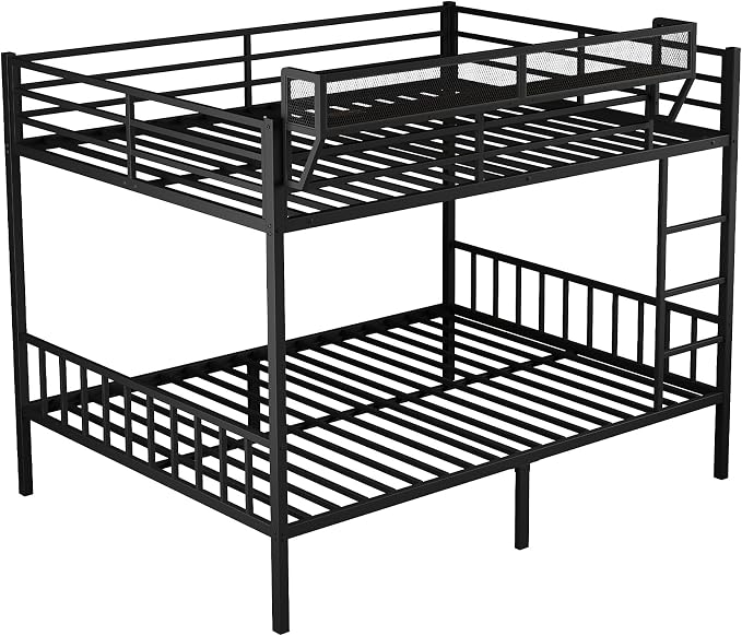Queen Over Queen Metal Bunk Bed with Storage Shelf & USB Charging | Open Storage Shelf,2 AC Outlets,2 USB Ports,Full-Length Guardrail for Boys&Girls,Noise-Free & Stable,No Box Spring Needed