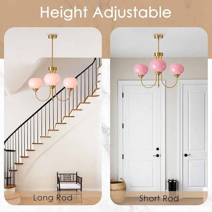 Pink Glass Globe Chandelier 3 Light Mid Century Modern Chandeliers with Rod Vintage Art Decor Ceiling Light Fixtures for Dining Room Kitchen Living Room