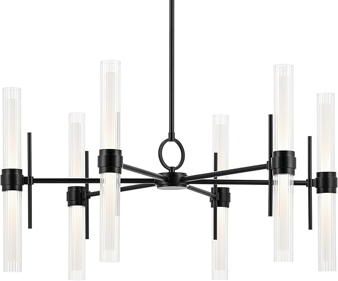 Kichler Riven LED 12-Light Chandelier with Clear Fluted Glass in Black, Sloped Ceiling Compatible, for Kitchen or Dining Room (17" x 33"), 52752BKLED