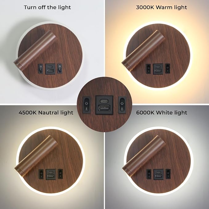 Plug in Wall Light with Wall Mounted Reading Lights with Switch | Wall Lamp for Bedroom with USB C+A Ports, Headboard Light with 3W+9W Night Light, Walnut Color Reading Light Adjustable Angle