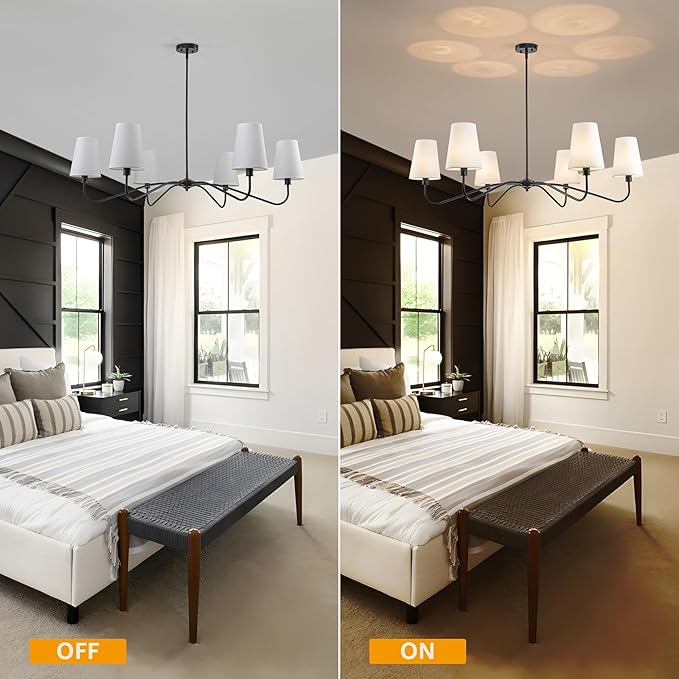 47'' Modern Chandelier with Shades, Farmhouse Chandeliers for Dining Room Light Fixture, 6-Light Large Black Chandelier, Height Adjustable Traditional Chandeliers for Living Room Kitchen E12 Base