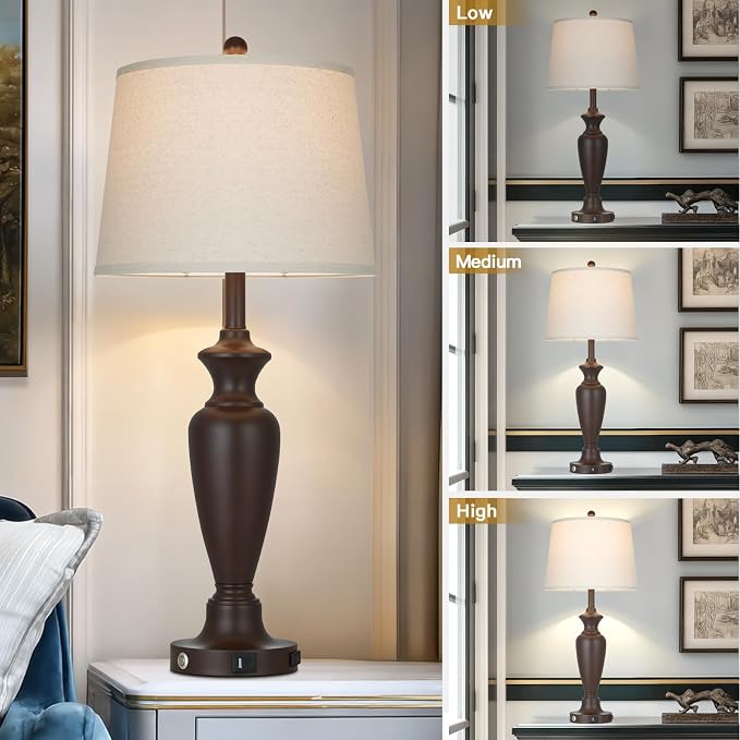 Cinyirong 30" Tall Brown Table Lamp for Living Room, 3-Way Dimmable Touch Control Bedside Lamp for Bedroom Nightstand with USB A+C Ports & AC Outlet (1 Pack)