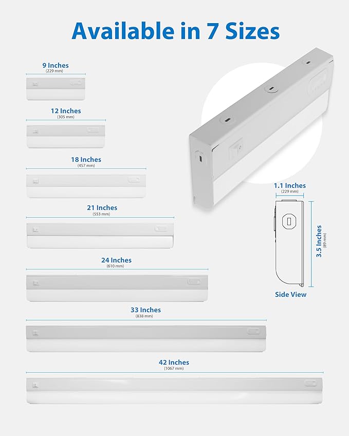 21” LED Direct Wire Under Cabinet Light with On/Off Switch - Dimmable LED Lights for Kitchen - Selectable CCT 2700K-5000K, 612-648 Lumens, 9W - UCB Hardwired Under Cabinet Lighting by NICOR Lighting