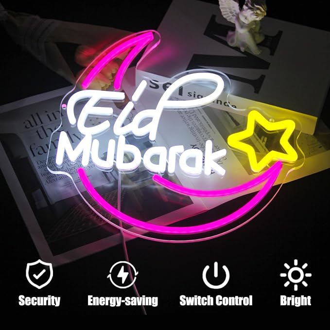 Eid Mubarak Neon Sign Islamic LED Lights for Wall Mosque Eid Al Adha Decor | Eid Al Fitr Supply, Ramadan Mubarak Decoration, Dimmable Moon Star Neon Light, Muslim LED Sign, Acrylic Wall Art, USB Powered
