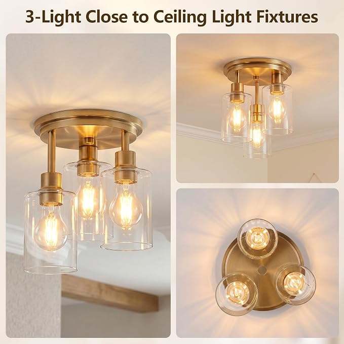 Semi Flush Mount Ceiling Light, 3-Light Close to Ceiling Light Fixtures, Brass Gold Finish Kitchen Light Fixtures with Clear Glass Shade Patriot Lighting for Entryway Porch Hallway, 8.8"X11"