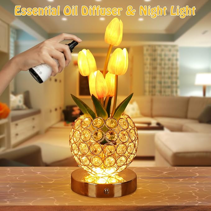 Birthday Gifts for Women Mothers Day Gifts/for Mom Tulip Table Lamp | 3 Color Crystal Flower Bedside Lamps Infinitely Dimming with USB Charge Small Night Light,Night stand Touch Lamp(pink-tulip)