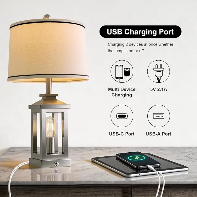 24" Table Lamps for Living Room Bedroom Modern Metal Bedside Lamps Set of 2 Nightstand Lamp for Night Stands 3 Way Dimmable Touch Lamp with USB C+A Ports and 2 Light Sources, 4 Bulbs Includes