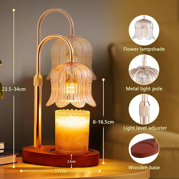 CRMILL Candle Warmer Lamp Electric Timer - Vintage Heater Candles Warming Height Adjustable Dimmable Warmers Flower Lamps No Flame Heat Warm Melt Wax Jar Modern Home