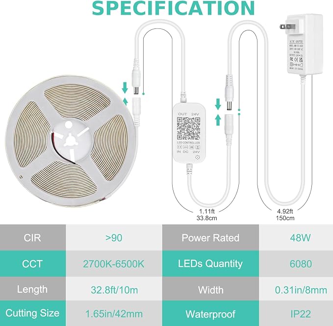 COB LED Strip 32.8ft, Dimmable 2700K-6500K High Bright Dotless LED Tape Light with Remote and APP Control, 6080LEDs, DC24V, CRI>90, 8mm Width, Warm White to Cool White LED Strip Lights for Bedroom