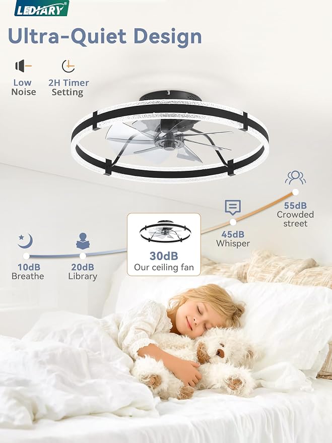 LEDIARY 24'' Modern Low Profile Ceiling Fans with Lights and Remote, Black | 3000-6000K Dimmable LED, 6 Wind Speeds, Quiet Reversible DC Motor, Small Flush Mount Fandelier for Bedroom, Living Room