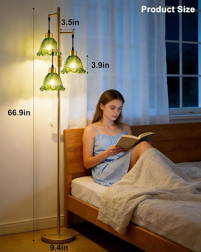 Lightdot Glass Floor Lamps for Living Room, 3-Light Dimmable Floor Lamp with Green Glass Shade& E12 Bulbs Included, Mid Century Standing Tall Lamp with 5Lbs Heavy Base for Bedroom/Sofa Beside-Gold