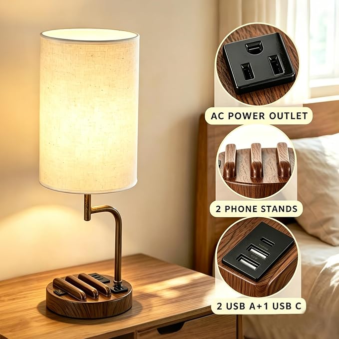 Dreamholder 2 Pack Table Lamp, Bedside Lamp with 3 USB Charging Ports & AC Outlet, USB Desk Lamp with 2 Phone Holders, Linen Fabric Shade Nightstand Lamps for Bedroom Living Room Office, Walnut