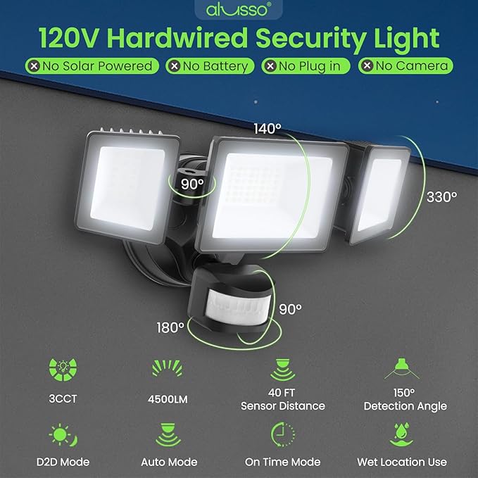 ALUSSO Motion Sensor Outdoor Lights Hardwired(Not Solar),40W 4500LM Flood Lights Outdoor 120V,3 Modes(Dusk to Dawn/Auto/On Time), 3CCT 3000K/4000K/6500K Security Light for Garage Yard Porch,Black,ETL