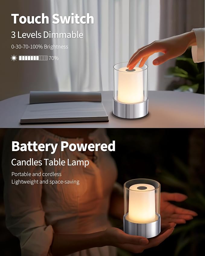 4" Chrome Cordless Table Lamp 2 Pack, Outdoor Rechargeable Lamp | LED, Battery Operated, Portable, Touch Night Light for Dining Room, Camping, Bar, Party, Bedside, Bedroom, Home Decor, Gift