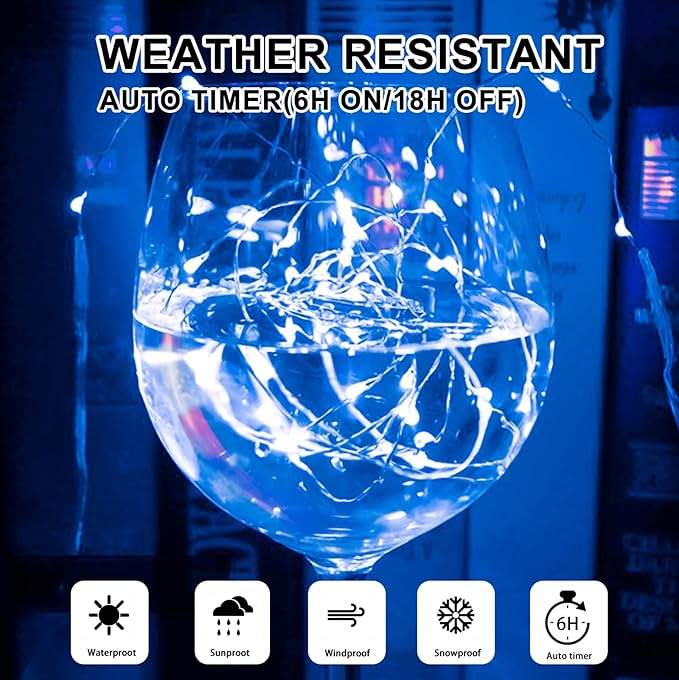 Blue Fairy Lights Battery Operated (Included), 8 Modes & Auto Timer, 2 Packs 5m 50Led Mini Twinkle Silver Wire Firefly Starry Lights, Waterproof Battery Operated Lights for Wedding Parties