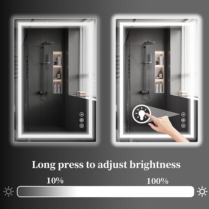 Koonmi 50x30 LED Bathroom Mirror with Light, Anti-Fog, 3 Colors | Backlit + Front Lit, Dimmable Brightness, Shatterproof HD Distortion-Free Tempered Glass, Hardware Included