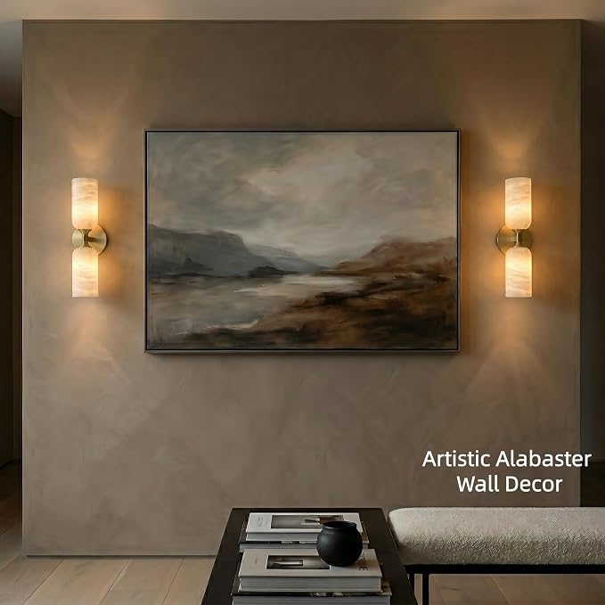 Alabaster Wall Sconces, 14" Modern Spanish Natural Marble Vanity Light, Dimmable Hardwired Brass Gold Wall Sconce Lighting for Bathroom Mirror, Bedroom, Living Room, Luxury Stone Wall Fixtures (1 Pcs)