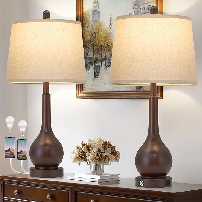 26" Brown Table Lamps Set of 2, Touch Control Bedside Lamps for Bedroom Nightstand, 3-Way Dimmable Farmhouse Lamp for Living Room with Charging Port (2 LED Bulbs Included)