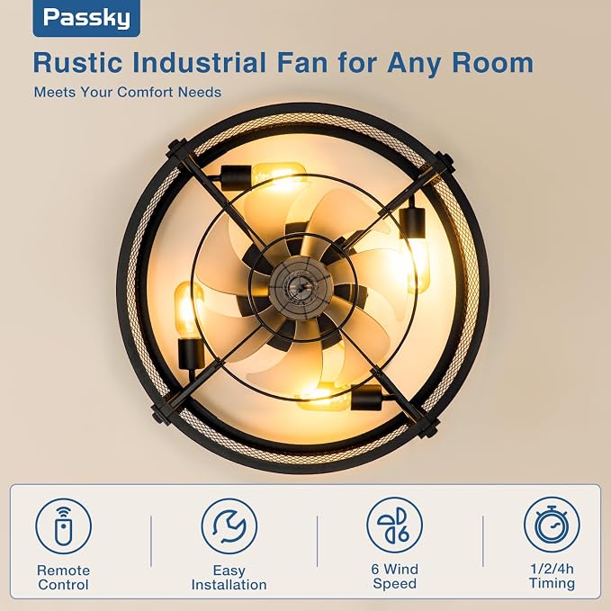 Passky 20" Caged Ceiling Fans with Lights and Remote, Low Profile Fandelier | Reversible DC Motor, 1/2/4H Timer, 6 Speeds, Farmhouse Style, Quiet Operation, for Bedroom, Kitchen, Dining Room, Living Room