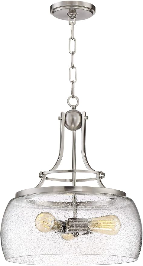 Charleston 16" Wide Satin Nickel 3-Light LED Pendant Light Light Fixture | Chandelier Rustic Farmhouse Seeded Clear Glass for Dining Room House Foyer Entryway Kitchen Bedroom Living