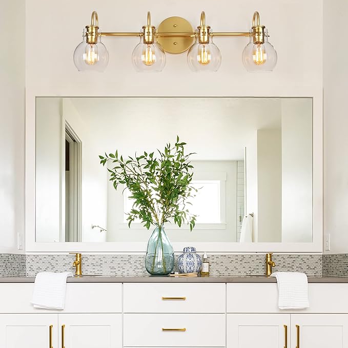 KSANA Bathroom Vanity Light, 4-Light 28.5" Large Gold Bathroom Light Fixtures, Modern Vanity Lights for Bathroom with Globe Clear Glass Shades