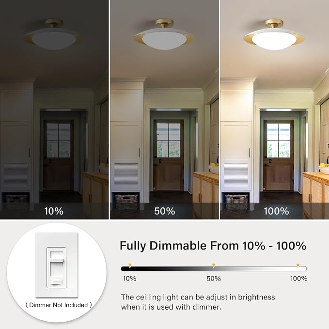 Dimmable Modern Mid-Century LED Ceiling Light, White and Gold, 15.7 Inch | Semi Flush Mount Ceiling Light, 5CCT 2700K-6000K Lighting Fixtures with Glass Shade for Bedroom Kitchen Living Room