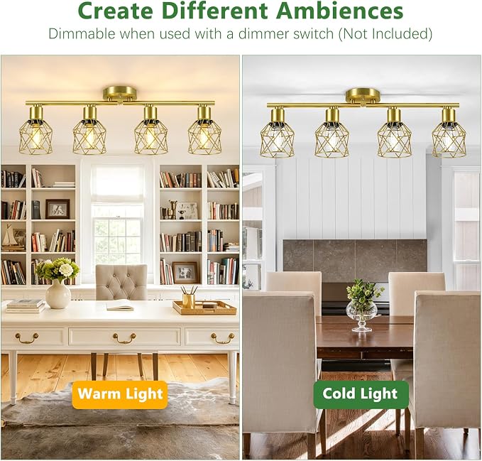 Baocuz 4-Lights Kitchen Light Fixtures Ceiling Mount, Adjustable Multi-Directional Brushed Gold Semi Flush Mount Ceiling Light, Metal Wire Cage Spotlight Ceiling Fixtures for Dining Room, Farmhouse