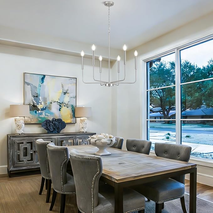 Modern Brushed Nickel Chandelier for Dining Room, Metal 6-Light Kitchen Light Fixtures, Farmhouse Candle Hanging Pendant Light for Living Room Entryway Foyer Bedroom (Bulbs Not Included)