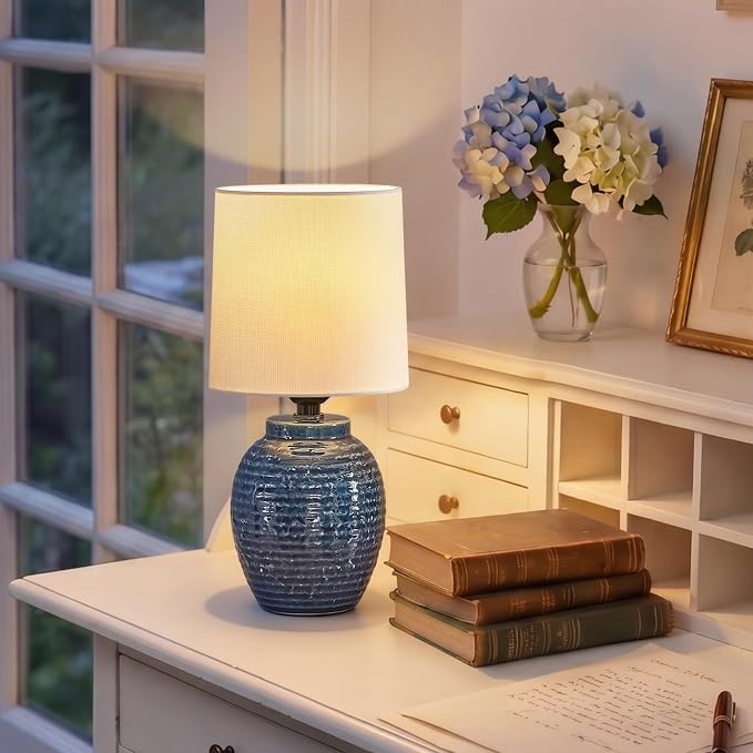 EJIAXIN Small Bedside Lamps -13.75" Farmhouse Table Lamps - Classic Ceramic Table Lamp for Bedroom, Living Room, Nightstand, Office, Side Desk Lamp, End Table