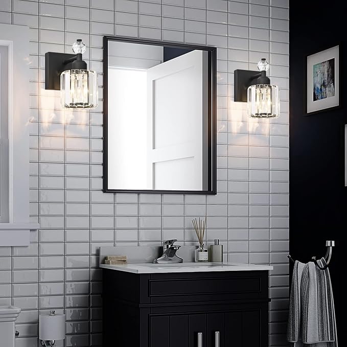 PRESDE 1-Light Bathroom Vanity Light, Modern Matte Black Wall Sconce with Crystal Shade, Single Wall Lamp for Over Mirror Bedroom Hallway