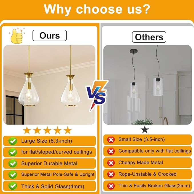 Modern Pendant Lights Kitchen Island, 1 Pack Brushed Gold Pendant Light Fixtures with 8.5" Clear Glass Shade, Industrial Hanging Pendant Lights Fixture for Kitchen Island Dining Room Hallway Entryway