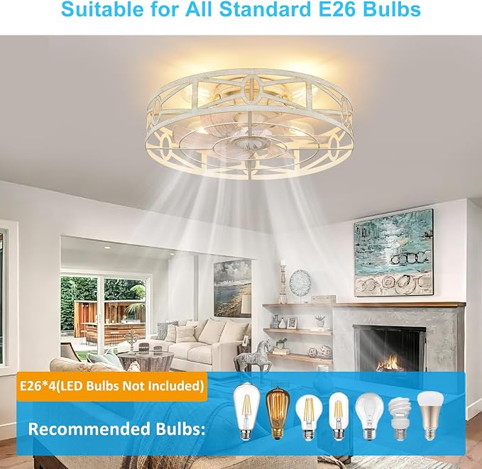 Depuley Flush Mount Ceiling Fan: 20" Caged Ceiling Fans with Remote Control for Patio Kitchen Bedroom - Low Profile Fandelier Lights Fixture Reversible 6 Speed Timer Cement 4*E26 Bulb Not Included