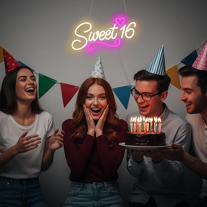Sweet 16 Neon Sign, LED 16th Birthday Party Decor Light 16.1"X8.6" | USB Powered with Dimmer Switch Sixteen 16th Birthday Party Decorations for Girls Light Up for Wall Decor Room Decor Aesthetic