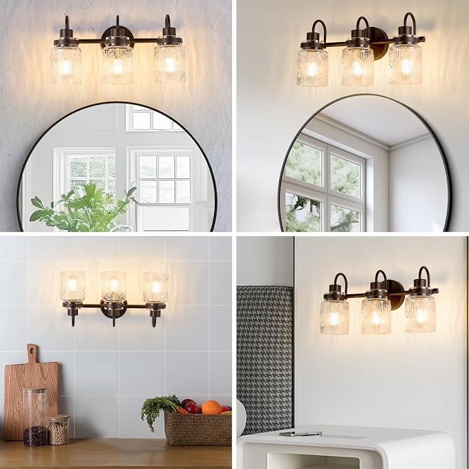 3 Lights Hammered Glass Bathroom Vanity Light, Oil Rubbed Bronze | Easy Installation,Up or Down,Farmhouse Modern Style,E26 Socket,ETL Certification