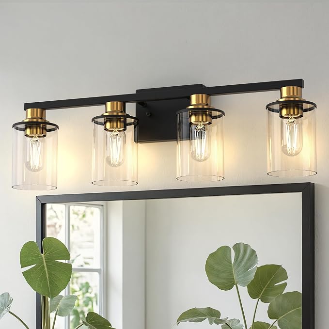 4-Light Black and Gold Bathroom Vanity Light Fixture Over Mirror | Modern Vanity Light Fixture, E26 Vanity Light Fixture With Clear Glass Shade, Wall Sconce for Hallway Bedroom Living Room