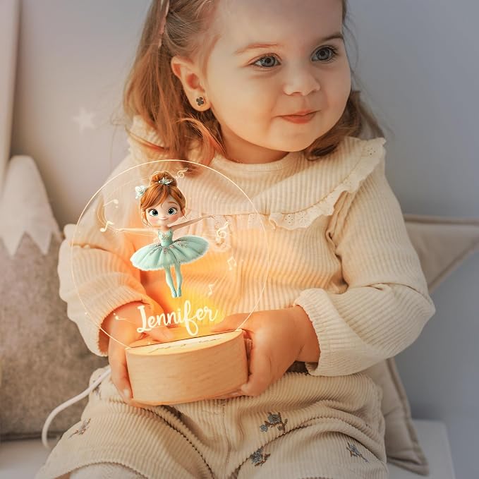 Personalized Ballet Night Light - Custom Name, Cute Acrylic Ballerina LED Light Lamp with Wooden Base for Bedroom Decor, Gifts for Kids Girls