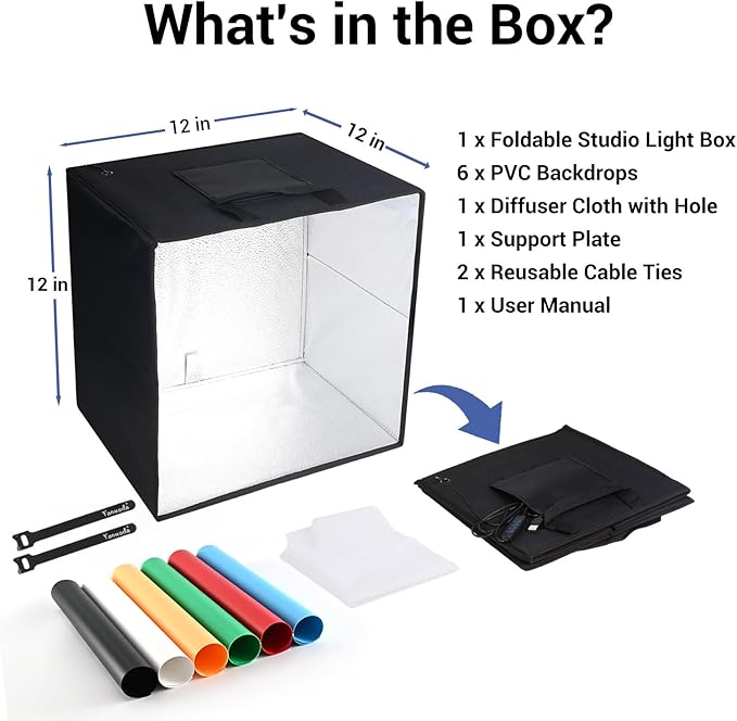 Photo Studio Light Box, Dimmable Shooting Tent Kit - 12"x12"x12" Foldable Lightbox with 120 LED (CRI 97), 6 Backdrops, 3 Light Modes, Photo Booth Box for Small Product Photography